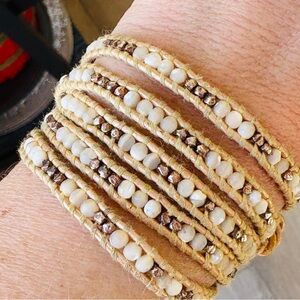 Chan Luu Cream Pearl Style Silver Beaded Leather Wrap Bracelet